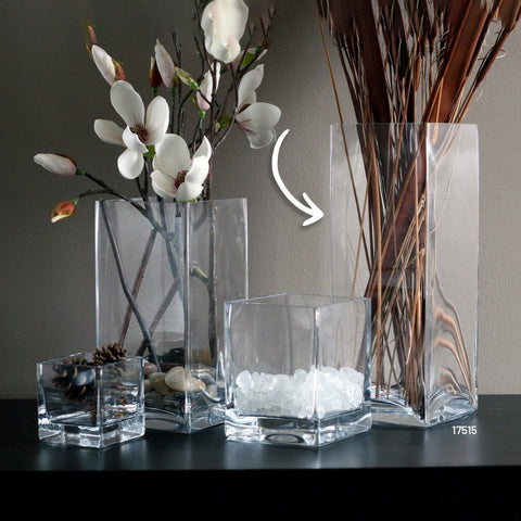 Turgla Decorative Senses 6" x 6" x h:16" Square Clear Glass Vase (Set of 2) (17515) - iFoodservice Online
