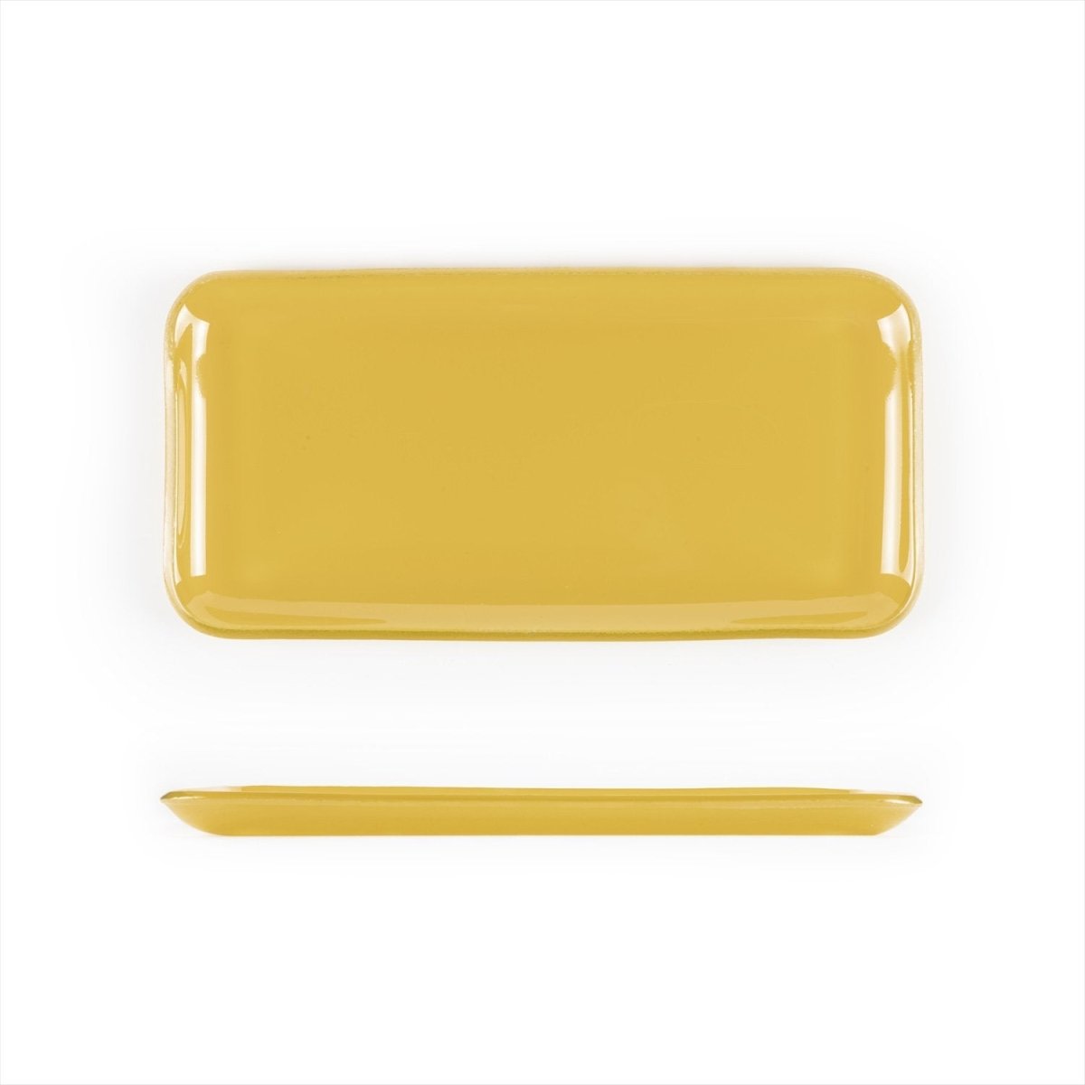Turgla Fusion Glass Dinnerware 12.25" x 6" x h:1" Rectangular Turmeric Glass Platter, Set of 6 (01 - 018 - 31TRM) - iFoodservice Online