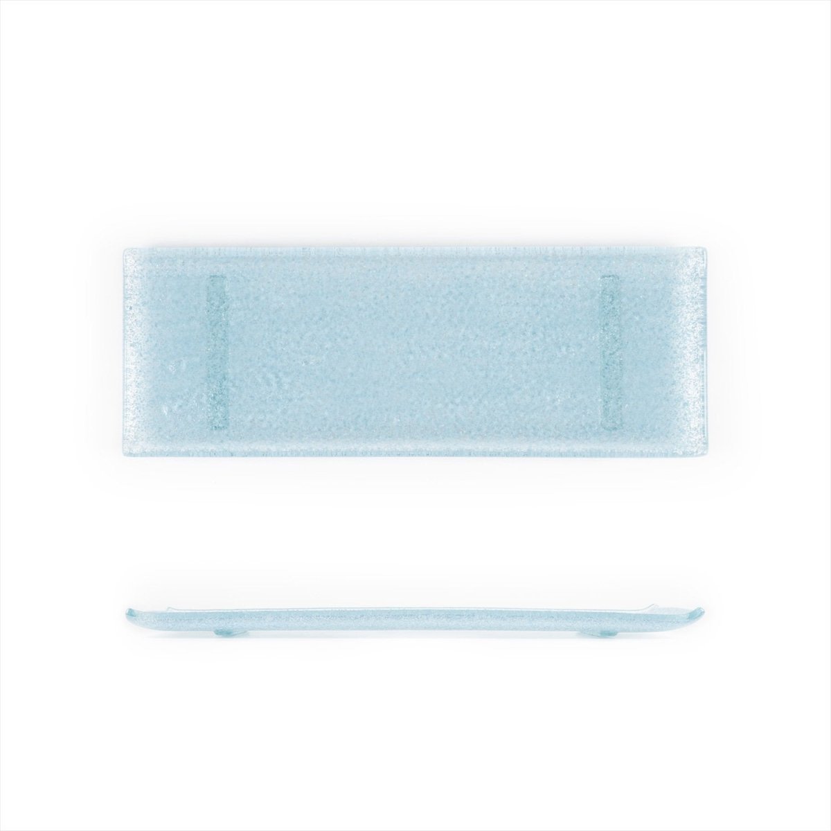 Turgla Fusion Glass Dinnerware 13.75" x 5" x h:0.5" Rectangular Blue Glass Platter, Set of 12 (01 - 017 - 35BBL) - iFoodservice Online