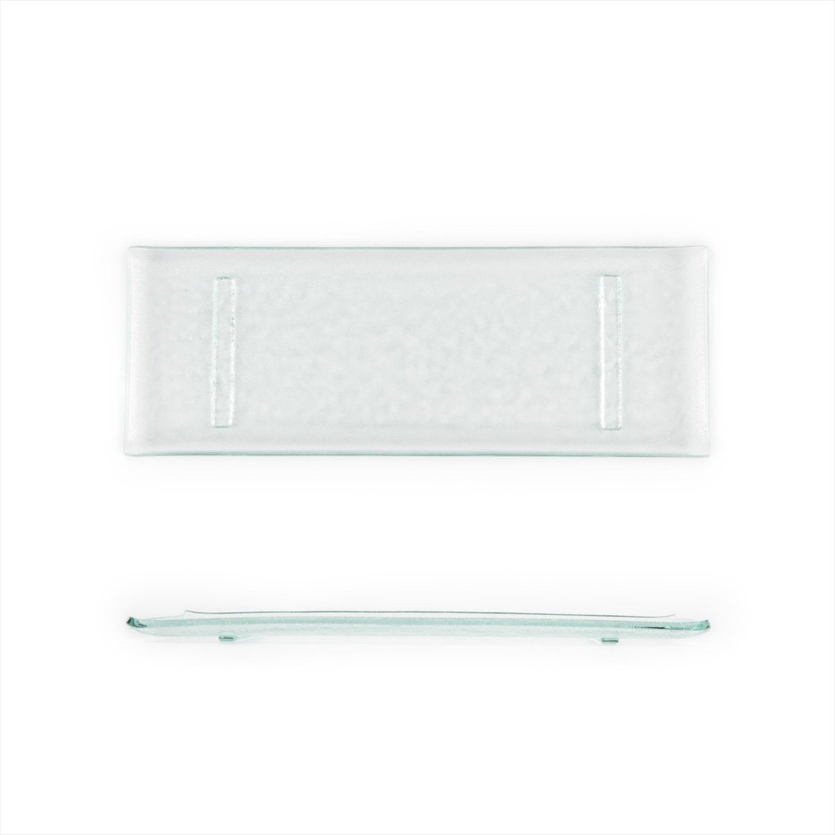 Turgla Fusion Glass Dinnerware 13.75" x 5" x h:0.5" Rectangular Clear Glass Platter, Set of 12 (01 - 017 - 35CLR) - iFoodservice Online
