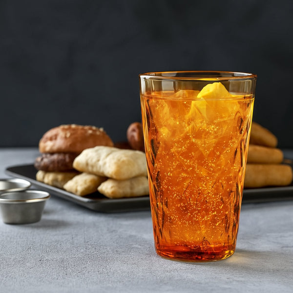 Turgla Rubikap Prism dia.3.5" h:5.5" 14 oz. Round Amber Polycarbonate High - Ball (Set of 36) (R - PRSTMB300AMB) - iFoodservice Online